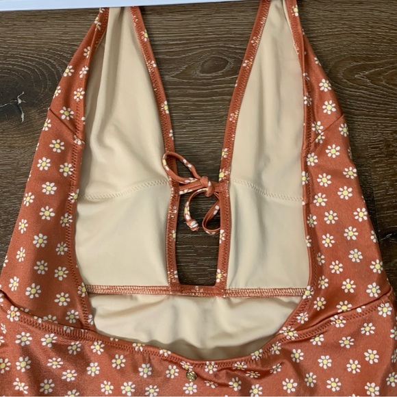 Victoria’s Secret Womens orange rusty Daisy print plunge tie neck one piece swim - Picture 8 of 11